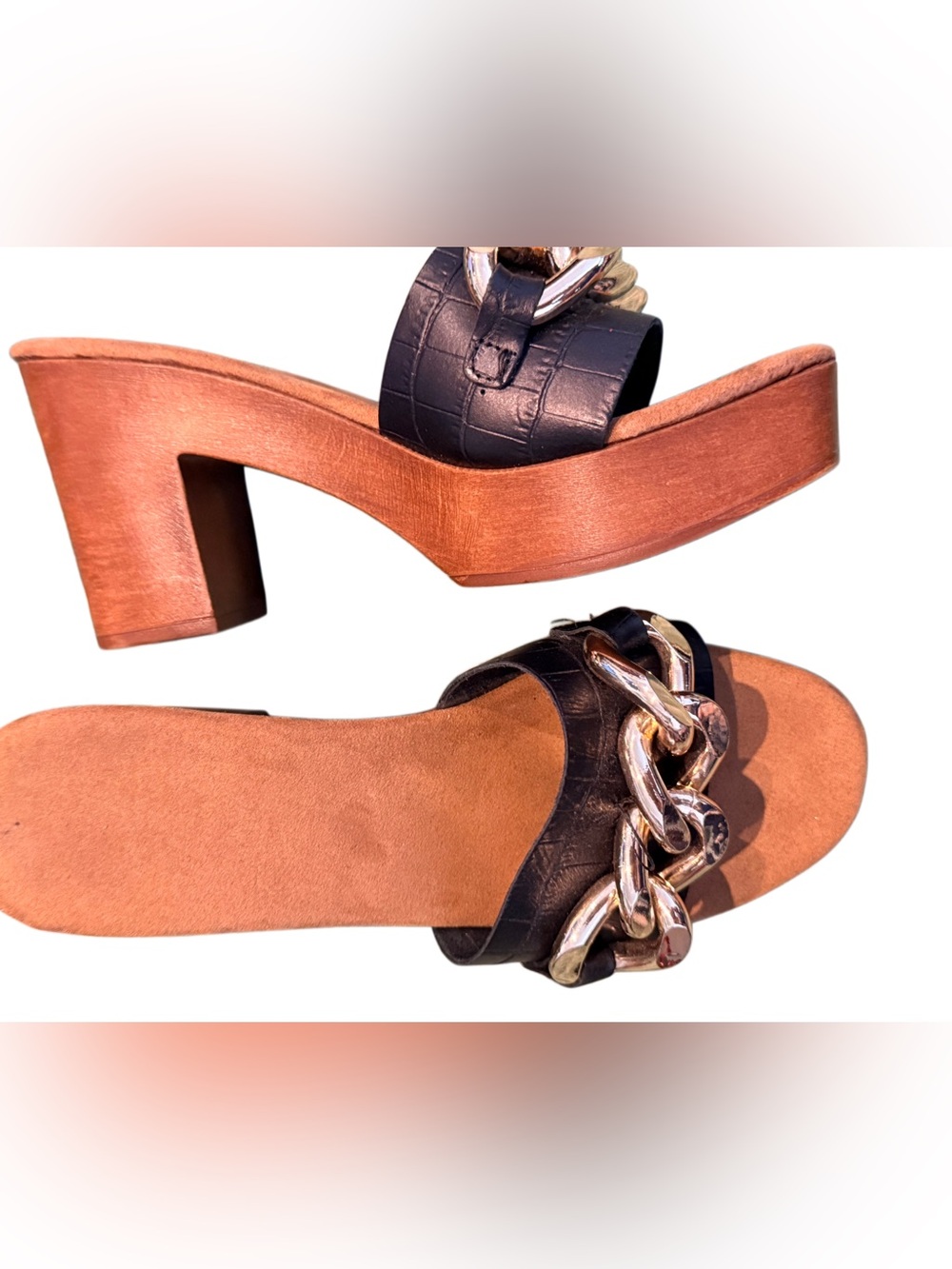 Nordstrom Black Leather-Textured Block Heel Slide with Chunky Gold Chain